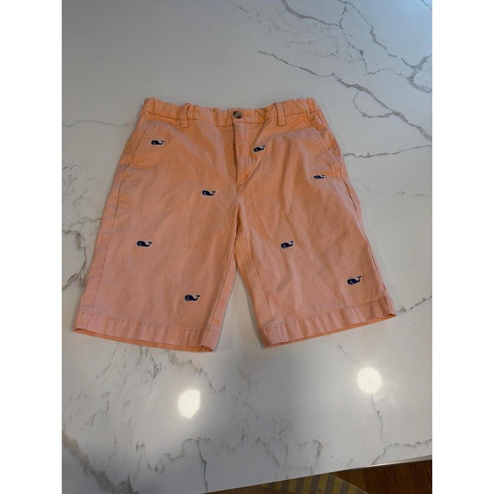 Vineyard Vines peach-colored shorts embroidered navy blue whale log boys 14